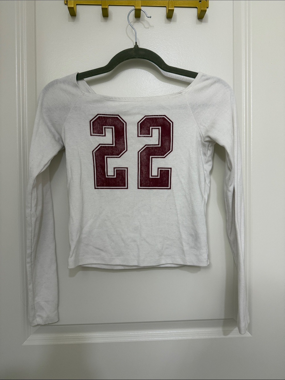 Hollister White Long-Sleeve Tee with Burgundy '22' Graphic